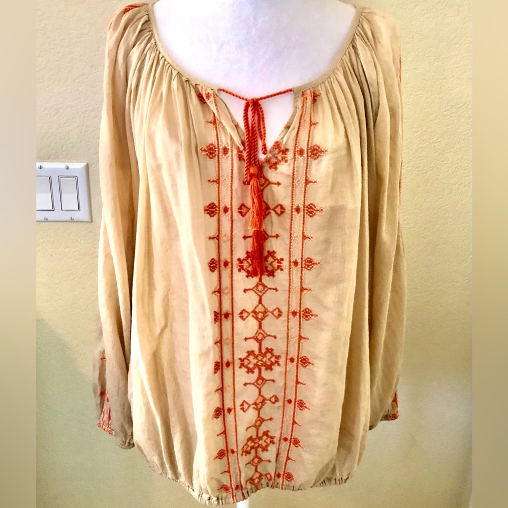 Lucky Brand Beige and Reddish/Orange Embroidered Blouse